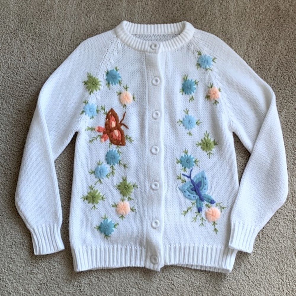 Vintage Handmade Floral Sweater Cardigan Sz Large